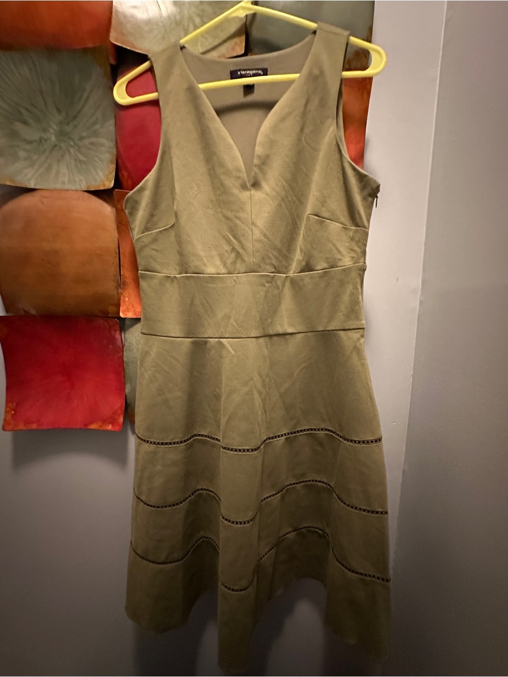 Sharagano Olive Green V-Neck Midi Fit & Flare Dress